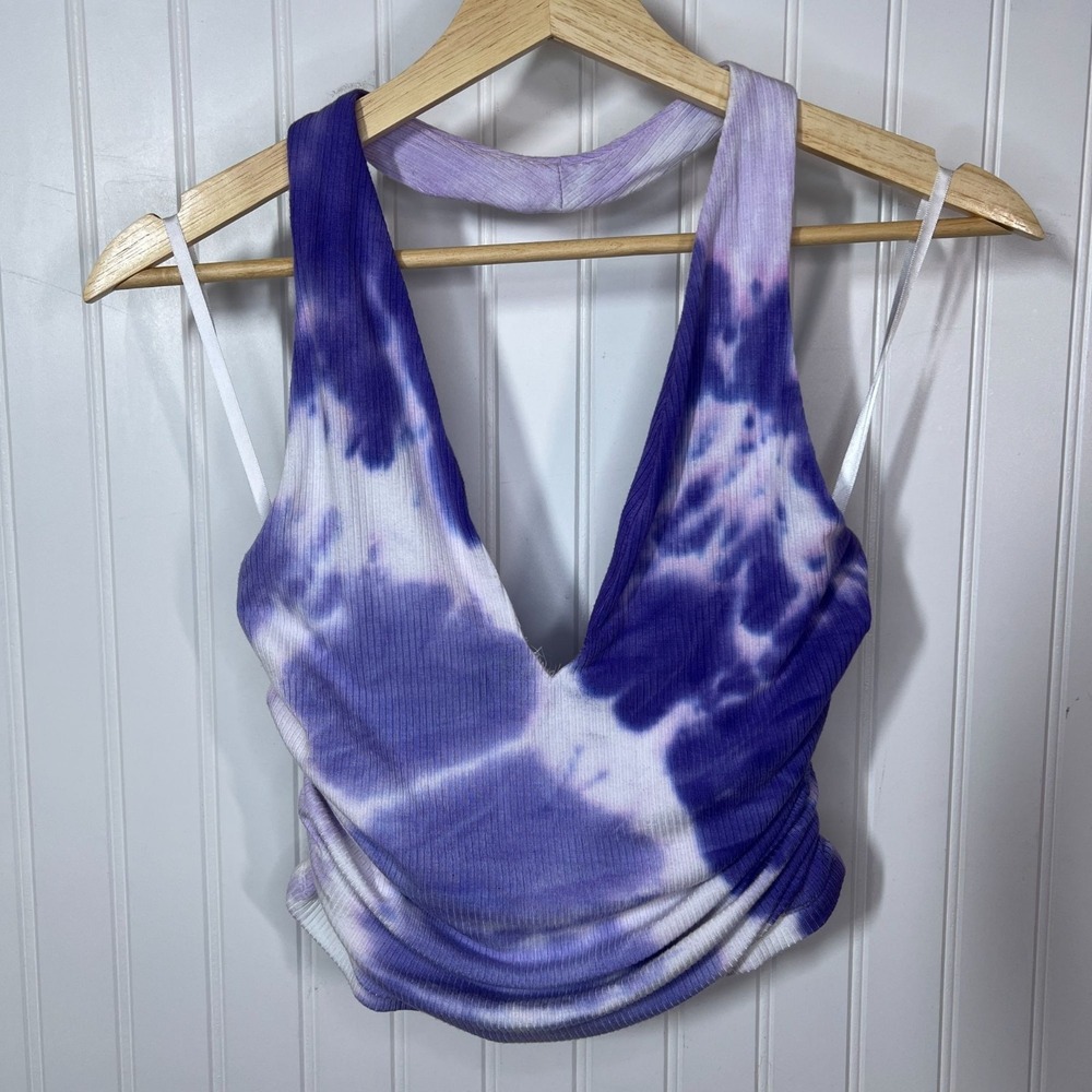 AFRM Y2K Halter Tank Babydoll Club Fairy Coachella Purple Tie Dye Crop Deep V M